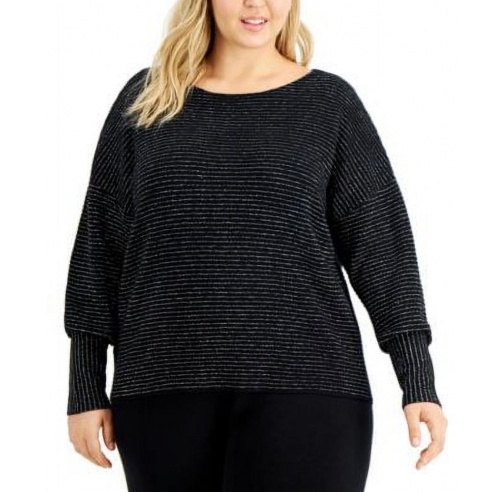 Alfani Womens Size Small Striped Lurex Sweater Deep Black Dolman Sleeve Metallic